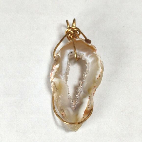 Gold Tone Wire Wrapped Agate Natural Raw Geode Druzy Sliced Stone Pendant Boho - Picture 6 of 16